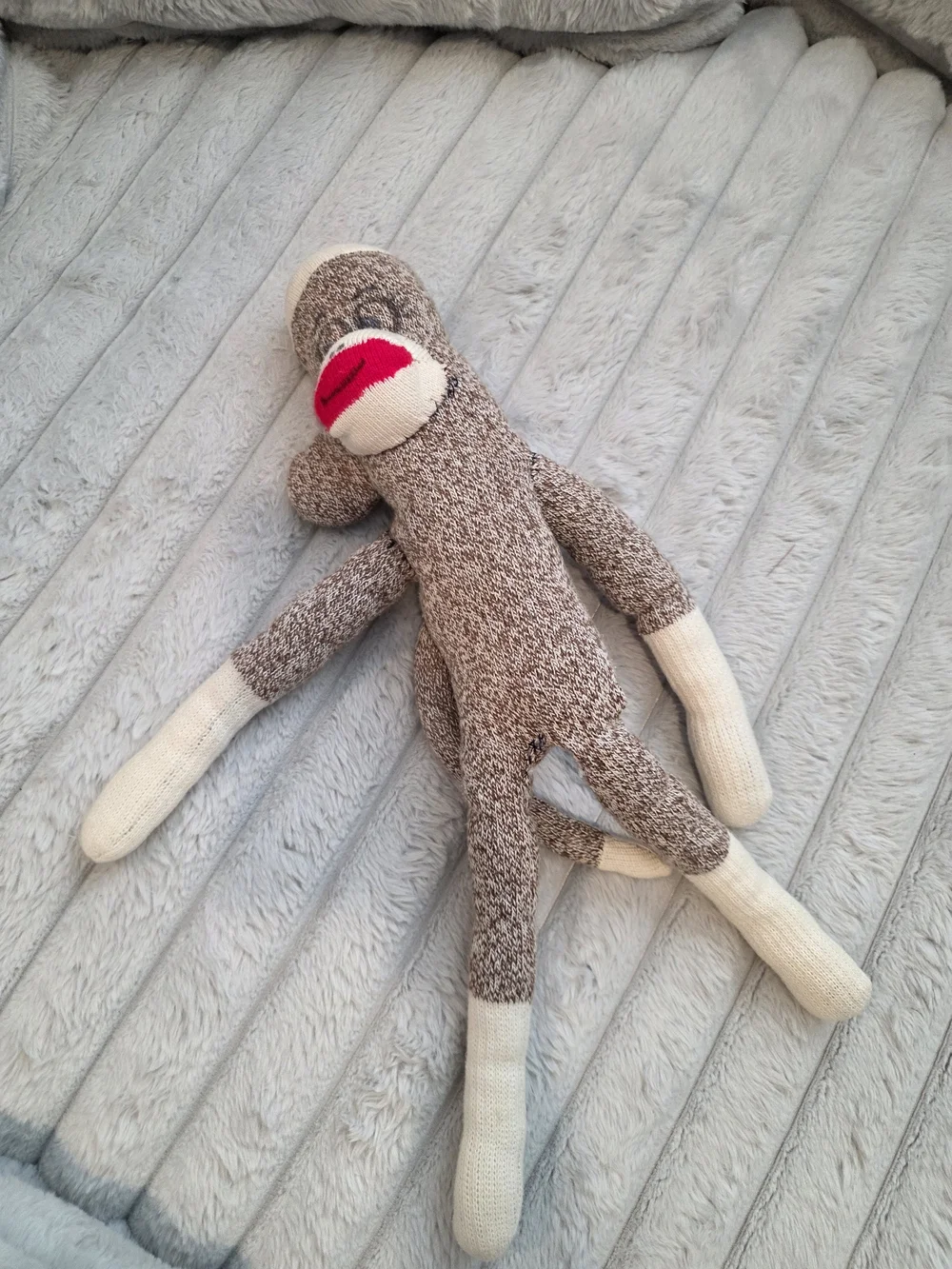 Plush Sock Monkey Toy - Brown and Cream with Red Mouth